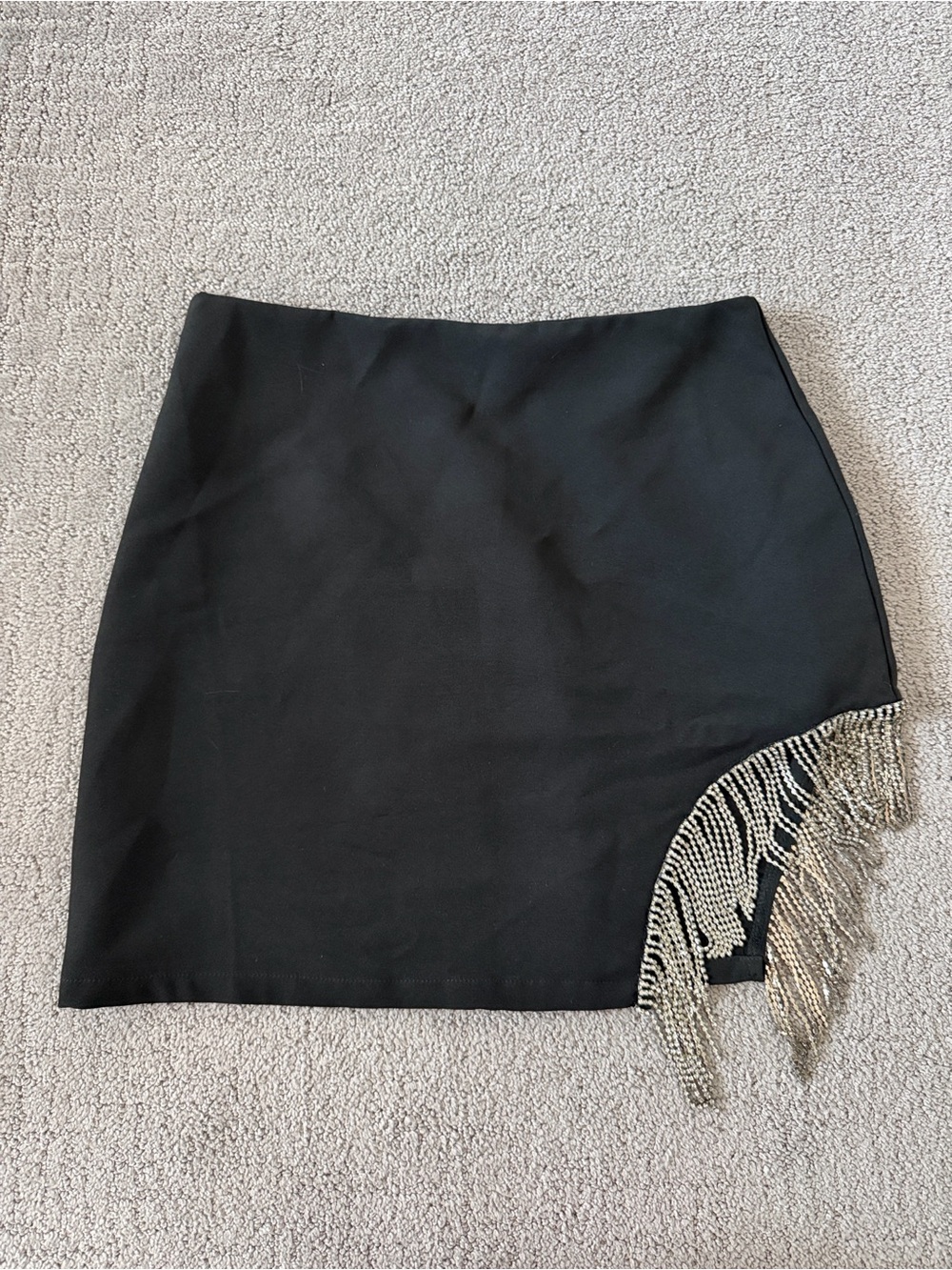 Main Strip Black Mini Skirt with Metallic Fringe Accent